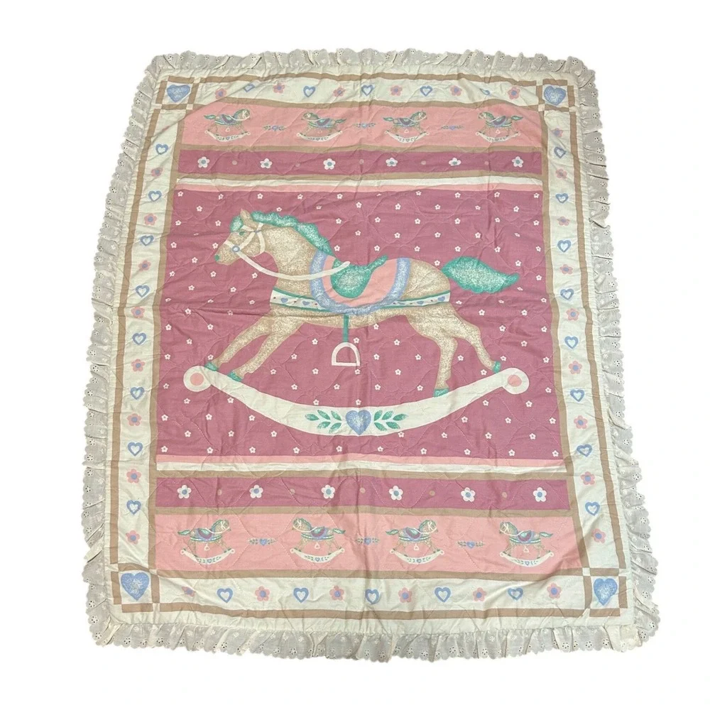 Vintage Rocking Horse Quilted Baby Blanket Pink Blue Eyelet Lace Ruffle Trim